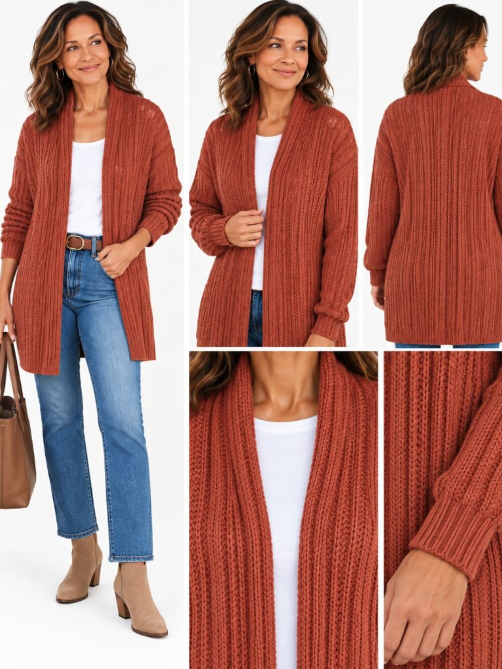 Garnett Hill Sz S Rust Open Front Ribbed Knit Cardigan Coastal Quiet Luxury
